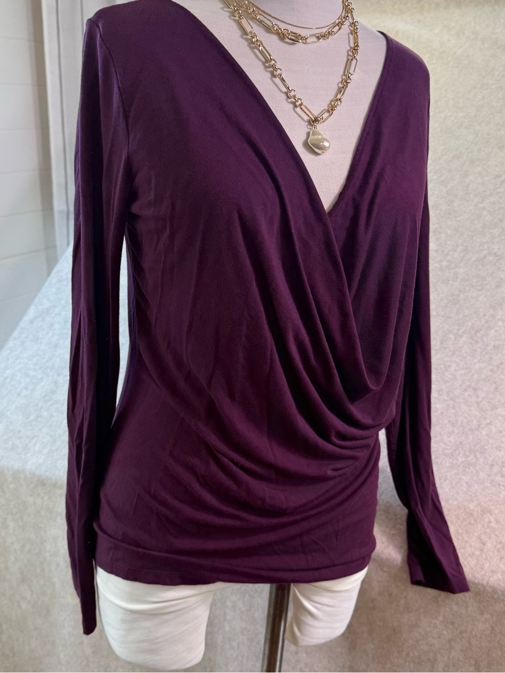 Fabletics Ruched Women's V-Neck Long Sleeve Crossover Top with Draped Hemline